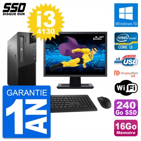 PC Lenovo M93p SFF Ecran 22" Intel i3-4130 RAM 16Go SSD 240Go Windows 10 Wifi