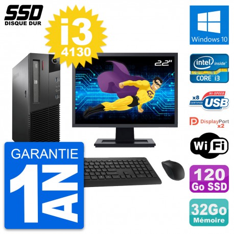 PC Lenovo M93p SFF Ecran 22" Intel i3-4130 RAM 32Go SSD 120Go Windows 10 Wifi