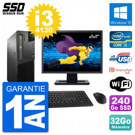 PC Lenovo M93p SFF Ecran 22" Intel i3-4130 RAM 32Go SSD 240Go Windows 10 Wifi