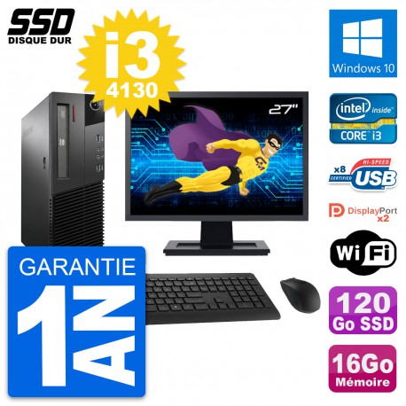 PC Lenovo M93p SFF Ecran 27" Intel i3-4130 RAM 16Go SSD 120Go Windows 10 Wifi
