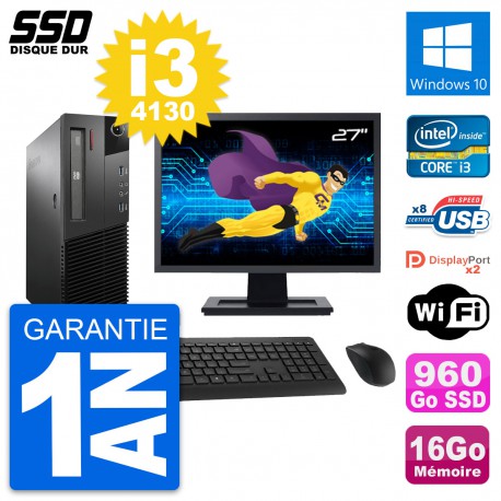 PC Lenovo M93p SFF Ecran 27" Intel i3-4130 RAM 16Go SSD 960Go Windows 10 Wifi
