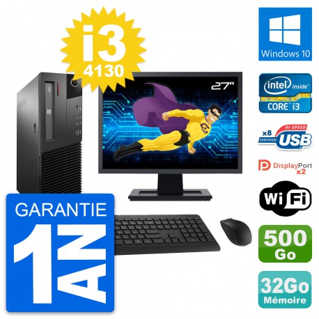 PC Lenovo M93p SFF Ecran 27" Intel i3-4130 RAM 32Go Disque 500Go Windows 10 Wifi