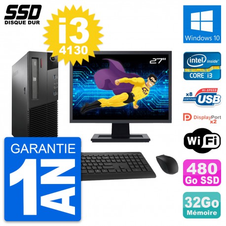 PC Lenovo M93p SFF Ecran 27" Intel i3-4130 RAM 32Go SSD 480Go Windows 10 Wifi