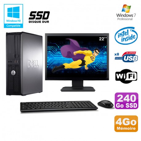 Lot PC DELL Optiplex 780 DT Intel E8400 3Ghz 4Go 240Go SSD WIFI W7 + Ecran 22"