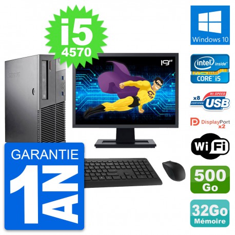 PC Lenovo M93p SFF Ecran 19" Intel i5-4570 RAM 32Go Disque 500Go Windows 10 Wifi