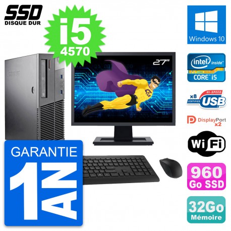 PC Lenovo M93p SFF Ecran 27" Intel i5-4570 RAM 32Go SSD 960Go Windows 10 Wifi
