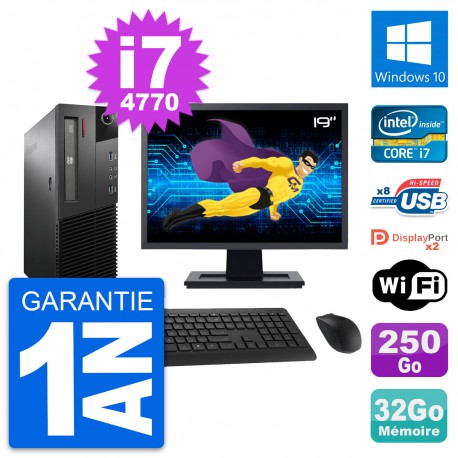 PC Lenovo M93p SFF Ecran 19" Intel i7-4770 RAM 32Go Disque 250Go Windows 10 Wifi