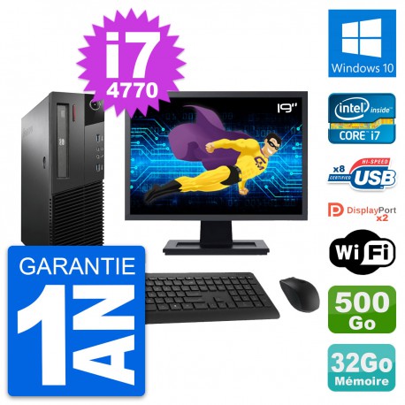 PC Lenovo M93p SFF Ecran 19" Intel i7-4770 RAM 32Go Disque 500Go Windows 10 Wifi