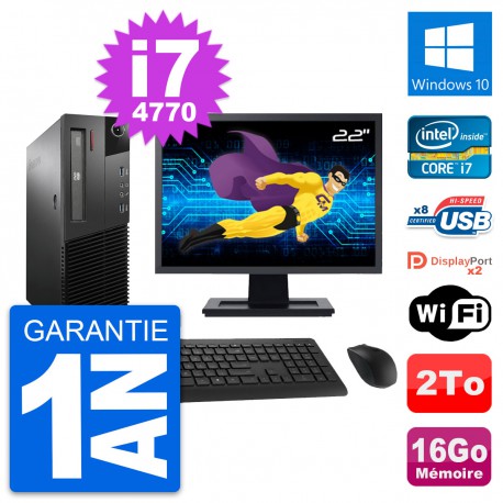 PC Lenovo M93p SFF Ecran 22" Intel i7-4770 RAM 16Go Disque 2To Windows 10 Wifi