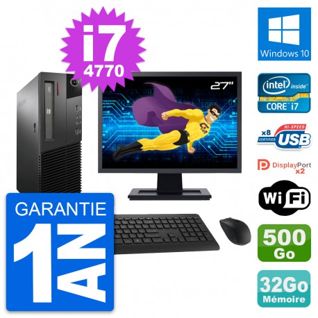 PC Lenovo M93p SFF Ecran 27" Intel i7-4770 RAM 32Go Disque 500Go Windows 10 Wifi