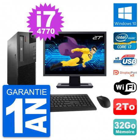 PC Lenovo M93p SFF Ecran 27" Intel i7-4770 RAM 32Go Disque 2To Windows 10 Wifi