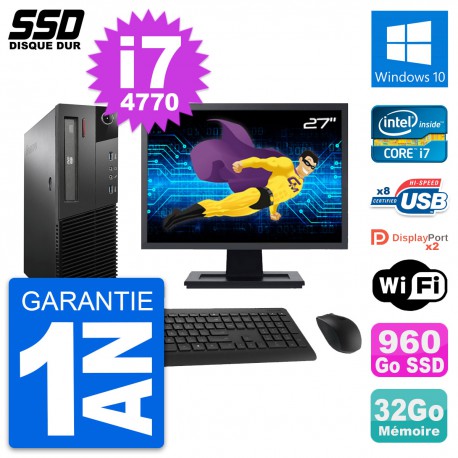 PC Lenovo M93p SFF Ecran 27" Intel i7-4770 RAM 32Go SSD 960Go Windows 10 Wifi