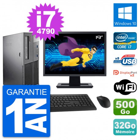 PC Lenovo M93p SFF Ecran 19" Intel i7-4790 RAM 32Go Disque 500Go Windows 10 Wifi