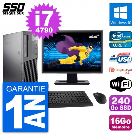 PC Lenovo M93p SFF Ecran 22" Intel i7-4790 RAM 16Go SSD 240Go Windows 10 Wifi