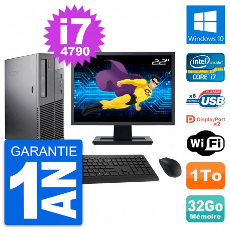 PC Lenovo M93p SFF Ecran 22" Intel i7-4790 RAM 32Go Disque 1To Windows 10 Wifi