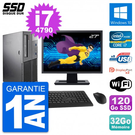 PC Lenovo M93p SFF Ecran 27" Intel i7-4790 RAM 32Go SSD 120Go Windows 10 Wifi