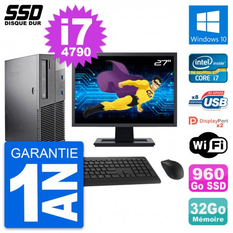 PC Lenovo M93p SFF Ecran 27" Intel i7-4790 RAM 32Go SSD 960Go Windows 10 Wifi
