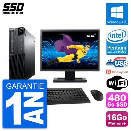 PC Lenovo M81 SFF Ecran 22" Intel G630 RAM 16Go SSD 480Go Windows 10 Wifi