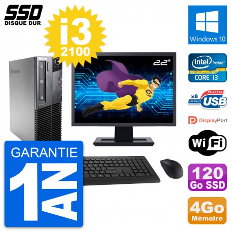 PC Lenovo M81 SFF Ecran 22" Intel Core i3-2100 RAM 4Go SSD 120Go Windows 10 Wifi