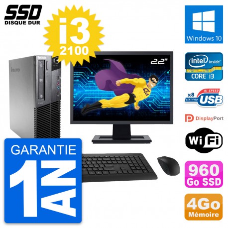 PC Lenovo M81 SFF Ecran 22" Intel Core i3-2100 RAM 4Go SSD 960Go Windows 10 Wifi