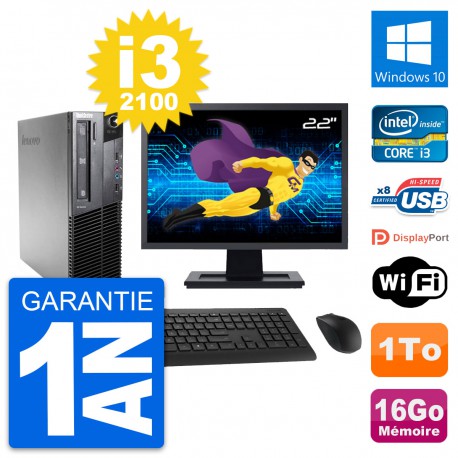 PC Lenovo M81 SFF Ecran 22" Intel i3-2100 RAM 16Go Disque 1To Windows 10 Wifi
