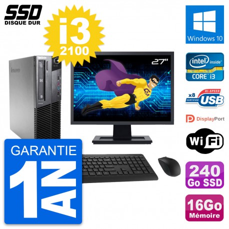 PC Lenovo M81 SFF Ecran 27" Intel i3-2100 RAM 16Go SSD 240Go Windows 10 Wifi