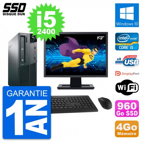 PC Lenovo M81 SFF Ecran 19" Intel Core i5-2400 RAM 4Go SSD 960Go Windows 10 Wifi