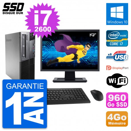 PC Lenovo M81 SFF Ecran 19" Intel Core i7-2600 RAM 4Go SSD 960Go Windows 10 Wifi