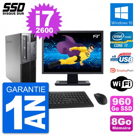 PC Lenovo M81 SFF Ecran 19" Intel Core i7-2600 RAM 8Go SSD 960Go Windows 10 Wifi