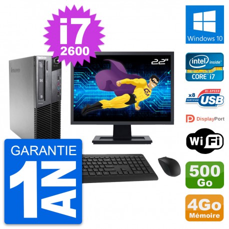PC Lenovo M81 SFF Ecran 22" Intel i7-2600 RAM 4Go Disque 500Go Windows 10 Wifi