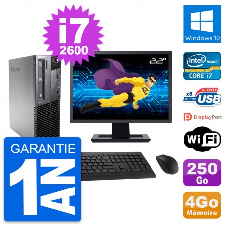 PC Lenovo M81 SFF Ecran 22" Intel i7-2600 RAM 4Go Disque 250Go Windows 10 Wifi