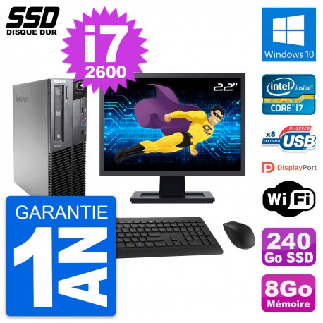 PC Lenovo M81 SFF Ecran 22" Intel Core i7-2600 RAM 8Go SSD 240Go Windows 10 Wifi