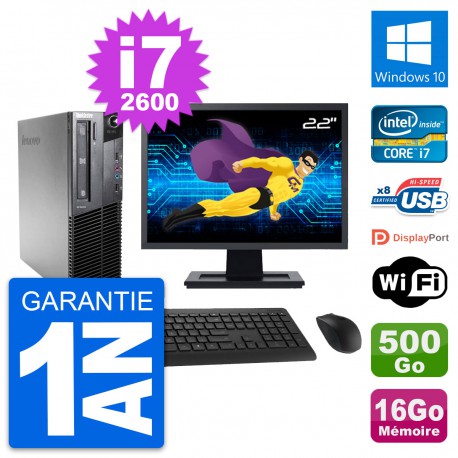 PC Lenovo M81 SFF Ecran 22" Intel i7-2600 RAM 16Go Disque 500Go Windows 10 Wifi
