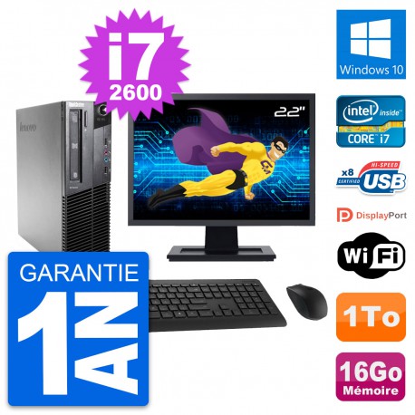 PC Lenovo M81 SFF Ecran 22" Intel i7-2600 RAM 16Go Disque 1To Windows 10 Wifi
