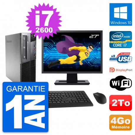 PC Lenovo M81 SFF Ecran 27" Intel i7-2600 RAM 4Go Disque Dur 2To Windows 10 Wifi