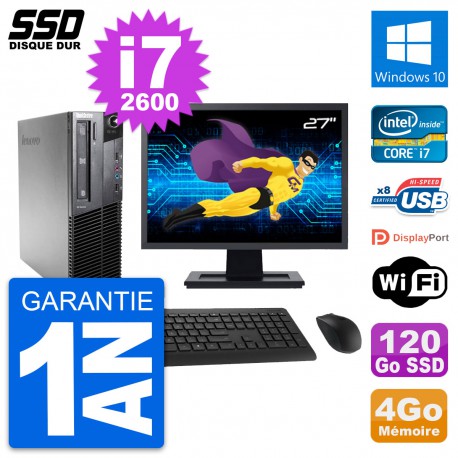 PC Lenovo M81 SFF Ecran 27" Intel Core i7-2600 RAM 4Go SSD 120Go Windows 10 Wifi