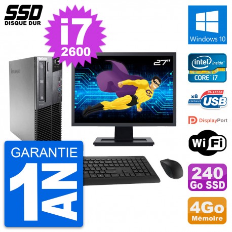 PC Lenovo M81 SFF Ecran 27" Intel Core i7-2600 RAM 4Go SSD 240Go Windows 10 Wifi