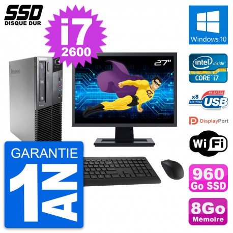 PC Lenovo M81 SFF Ecran 27" Intel Core i7-2600 RAM 8Go SSD 960Go Windows 10 Wifi