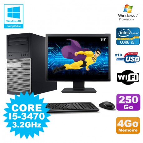 Lot PC Tour Dell 790 Intel I5-3470 3.2Ghz 4Go 250Go DVD WIFI Win 7 + Ecran 19"