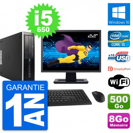 PC HP 8100 Elite SFF Ecran 22" Core i5-650 RAM 8Go Disque 500Go Windows 10 Wifi