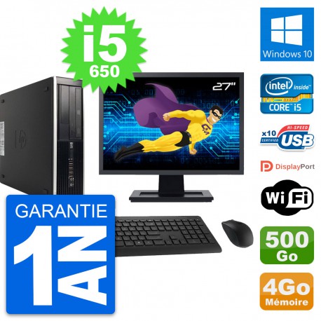 PC HP 8100 Elite SFF Ecran 27" Core i5-650 RAM 4Go Disque 500Go Windows 10 Wifi