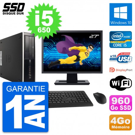PC HP 8100 SFF Ecran 27" Intel Core i5-650 RAM 4Go SSD 960Go Windows 10 Wifi