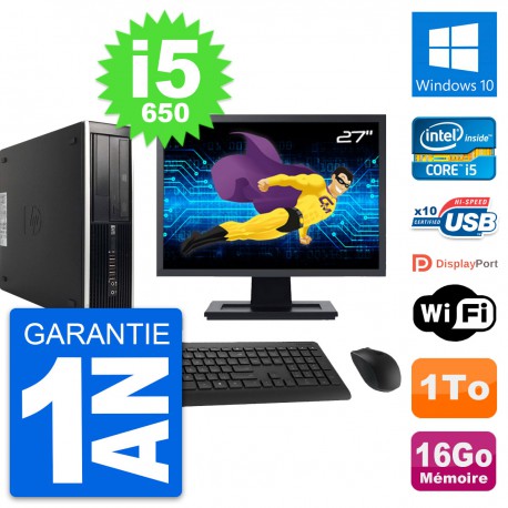 PC HP 8100 SFF Ecran 27" Intel Core i5-650 RAM 16Go Disque 1To Windows 10 Wifi
