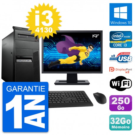 PC Tour Lenovo M93p Ecran 19" Core i3-4130 RAM 32Go Disque 250Go Windows 10 Wifi