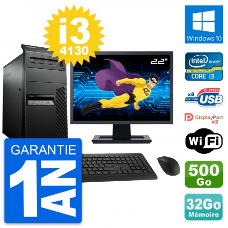 PC Tour Lenovo M93p Ecran 22" Core i3-4130 RAM 32Go Disque 500Go Windows 10 Wifi
