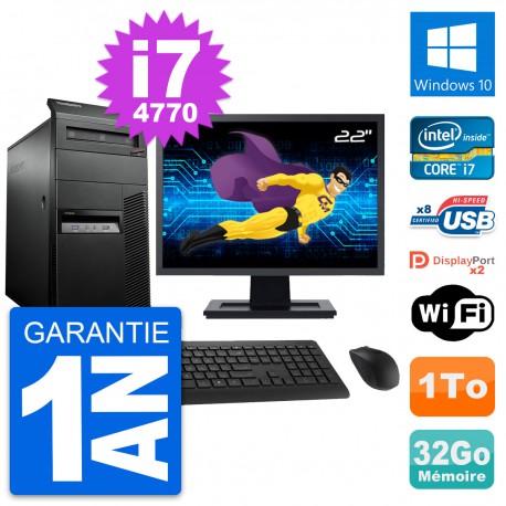 PC Tour Lenovo M93p Ecran 22" Intel i7-4770 RAM 32Go Disque 1To Windows 10 Wifi