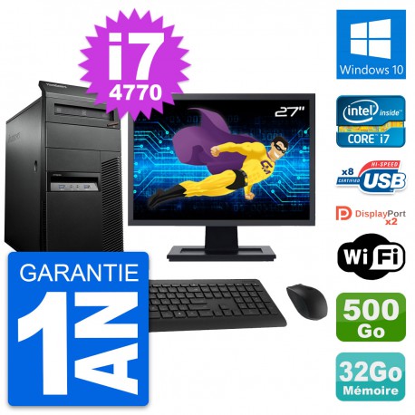 PC Tour Lenovo M93p Ecran 27" Core i7-4770 RAM 32Go Disque 500Go Windows 10 Wifi