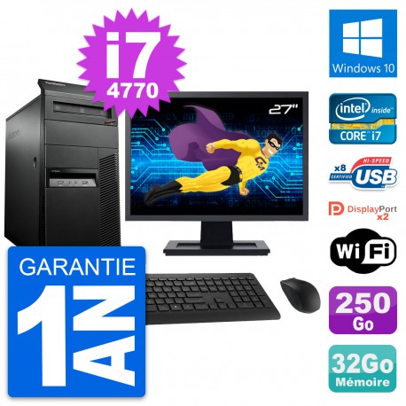 PC Tour Lenovo M93p Ecran 27" Core i7-4770 RAM 32Go Disque 250Go Windows 10 Wifi