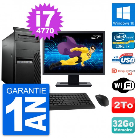 PC Tour Lenovo M93p Ecran 27" Intel i7-4770 RAM 32Go Disque 2To Windows 10 Wifi