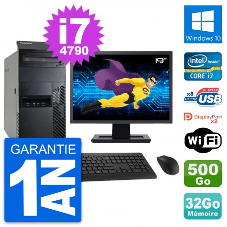 PC Tour Lenovo M93p Ecran 19" Core i7-4790 RAM 32Go Disque 500Go Windows 10 Wifi